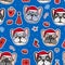 French bulldog puppies hand drawn characters. Seamless pattern Dogs in Christmas red hats. Vector Illustration holiday