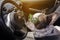 French bulldog waiting inside the car for a ride