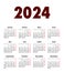 French Calendar grid bold digits for 2024. MF