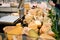 French cheese specialities on a stall market in France