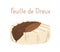 French cheese wheel of Feuille de Dreux decorated with chestnut leaf. Whole head of gourmet soft chees. Colored flat