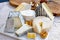 French cheeses collection, Perail les Buissieres sheep cheese, neufchatel cow milk cheese, tomme de chevre goat cheese, Valencay