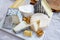 French cheeses collection, Perail les Buissieres sheep cheese, neufchatel cow milk cheese, tomme de chevre goat cheese, Valencay