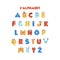 French colorful latin alphabet for kids with hand drawn cartoon characters.