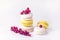 French Colorful Macarons White and Yellow Macarons on White Background with Fresh Red Currant Copy Space Horizontal Toned French