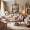 French country chic living room with elegant furniture, soft pa