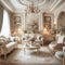 French country chic living room with elegant furniture, soft pa