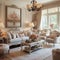 French country chic living room with elegant furniture, soft pa