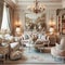 French country chic living room with elegant furniture, soft pa