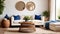 French country farmhouse home interior design of modern living room. Wicker round coffee table near white sofa with blue pillows