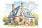 french country home with a chimney on hipped roof, magazine style illustration