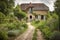 french country house exterior, with lush green garden and stone pathway