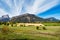 French countryside. Clelles: view of the heights of the Vercors, the marly hills and the valley Val de Drome, France