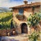 French Countryside Winery with Grape Vines and Villa