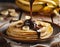 French crepes with bananas, topped with dark chocolate. Sweet breakfast. Wooden table