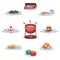 French cuisine set, macaroon cookies, escargot, cheese fondue, ratatouille, frog legs, onion soup, eclairs vector