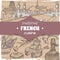 French cuisine template Paris landscape, wine bottle and cheese, croissant and onion soup, olives and sausages.