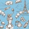 French culture symbols and historical hand drawn icons seamless pattern