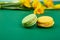 French delicacy, macaroons colorful with spring blossom. Bouquet flowers narcissus