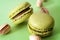 French dessert, sweet meringue based confectionery and expensive sweets concept with close up on green pistachio flavored macaroon