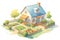 french farmhouse with hipped roof and vegetable garden, magazine style illustration