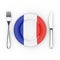 French Food or Cuisine Concept. Fork, Knife and Plate with France Flag. 3d Rendering