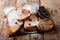 French fried toast with sugar powder and berries close-up. horizontal