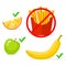 French fries banana, apple, orange. Healthy food and fast food, vector info graphic.