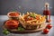 French Fries In Basket and Provencal Sauce and Tomato Sauce