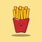 French fries in box with cute funny face. Fried potato sticks in pack with eyes and mouth. Happy chips character smiling. Colored