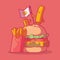 French fries climbing a burger vector illustration.