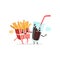 French fries and cola glass with blank speech bubbles. Funny fast food and drink concept. Friends conversation. Isolated