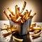 French fries floating in the air is a surreal and magical sight. The golden brown sticks of potato