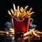 French fries floating in the air is a surreal and magical sight. The golden brown sticks of potato