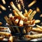 French fries floating in the air is a surreal and magical sight. The golden brown sticks of potato