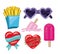 French fries and glasses and hearts and popsicles in white background