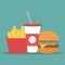 French fries, humburger and soda. Fast food in a flat design