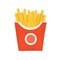 French fries packed in box. Fried potato sticks in paper package. American chips. Fries, unhealthy fast food. Takeaway