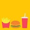 French fries potato in a paper wrapper box. Burger. Soda drink glass with straw. Fried potatoes. Icon set. Movie Cinema icon set.