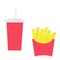 French fries potato in a paper wrapper box icon. Soda drink glass with straw. Fried potatoes. Fast food menu. Flat design. White b