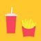 French fries potato in a paper wrapper box icon. Soda drink glass with straw. Fried potatoes. Fast food menu. Flat design. Yellow