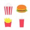 French fries potato in a paper wrapper box. Popcorn. Burger. Soda drink glass with straw. Fried potatoes. Movie Cinema icon set. F