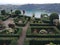 French garden with behind the  Volcanic lake of Nemi in Italy.