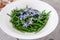 French green beans with edible blue borage flowers and garlic