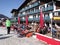 French holiday skiers relax at an outdoor restaurant