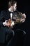 French horn player. Classical orchestra musicians playing brass instruments