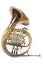 French horn on a white table. Beautiful polished musical instrument