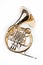 French horn on a white table. Beautiful polished musical instrument