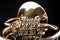 French horn on a wooden table. Beautiful polished musical instrument
