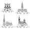 French landmarks. City labels Bordeaux, Toulouse, Lyon, Marseille. famous buildings of France